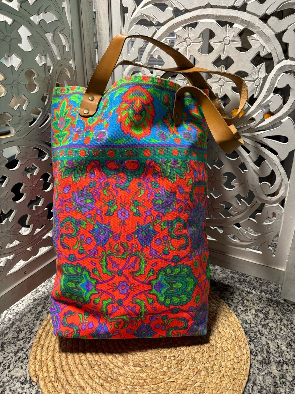 Colorful Floral Canvas Tote Bag with Leather Handles - Picture 2 of 11